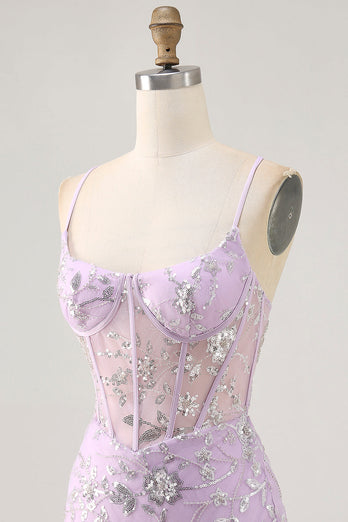 Sparkly Short Lilac Floral Tight Corset Homecoming Dress with Sequins