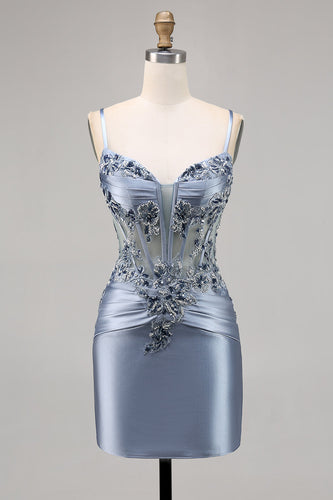 Grey Blue Satin Corset Short Tight Homecoming Dress with Appliques