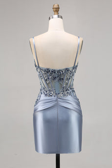 Grey Blue Satin Corset Short Tight Homecoming Dress with Appliques
