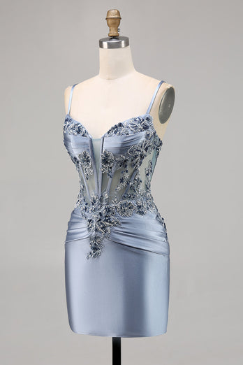 Grey Blue Satin Corset Short Tight Homecoming Dress with Appliques