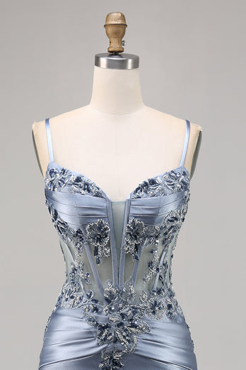 Grey Blue Satin Corset Short Tight Homecoming Dress with Appliques