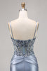 Load image into Gallery viewer, Grey Blue Satin Corset Short Tight Homecoming Dress with Appliques