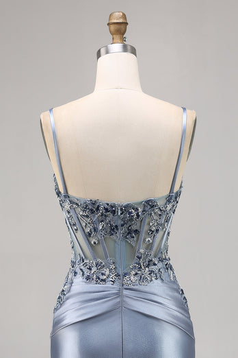 Grey Blue Satin Corset Short Tight Homecoming Dress with Appliques