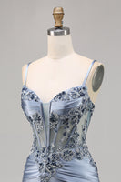 Load image into Gallery viewer, Grey Blue Satin Corset Short Tight Homecoming Dress with Appliques