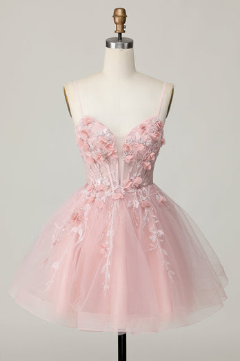 Pink Floral Spaghetti Straps A Line Short Corset Homecoming Dress