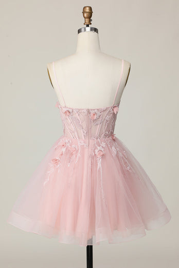 Pink Floral Spaghetti Straps A Line Short Corset Homecoming Dress