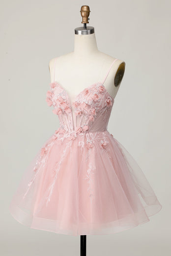 Pink Floral Spaghetti Straps A Line Short Corset Homecoming Dress