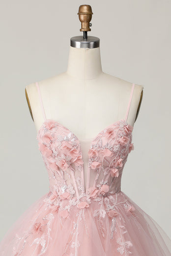 Pink Floral Spaghetti Straps A Line Short Corset Homecoming Dress