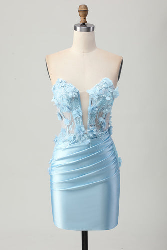 Sky Blue Floral Short Corset Tight Satin Homecoming Dress
