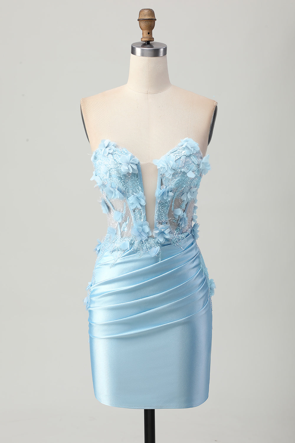 Sky Blue Floral Short Corset Tight Satin Homecoming Dress