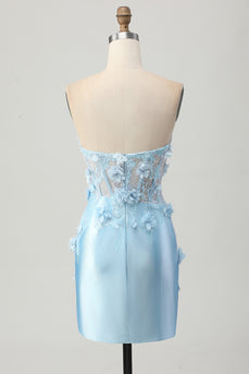 Sky Blue Floral Short Corset Tight Satin Homecoming Dress