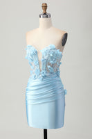 Load image into Gallery viewer, Sky Blue Floral Short Corset Tight Satin Homecoming Dress