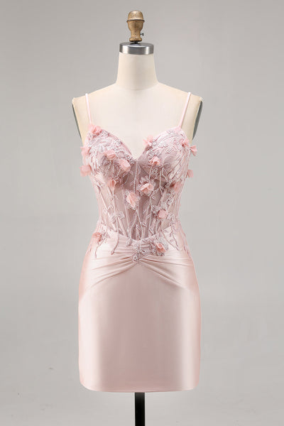 Pink Satin Floral Corset Short Tight Homecoming Dress