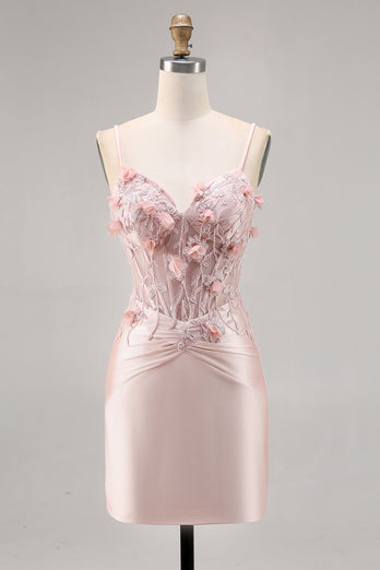 Pink Satin Floral Corset Short Tight Homecoming Dress