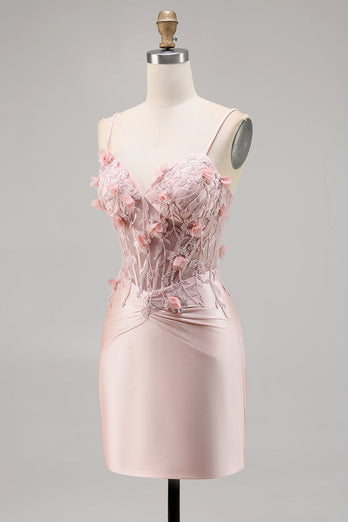 Pink Satin Floral Corset Short Tight Homecoming Dress