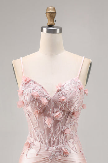 Pink Satin Floral Corset Short Tight Homecoming Dress