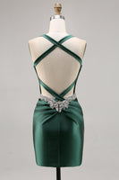 Load image into Gallery viewer, Sparkly Dark Green Satin Corset Tight Short Homecoming Dress with Beading