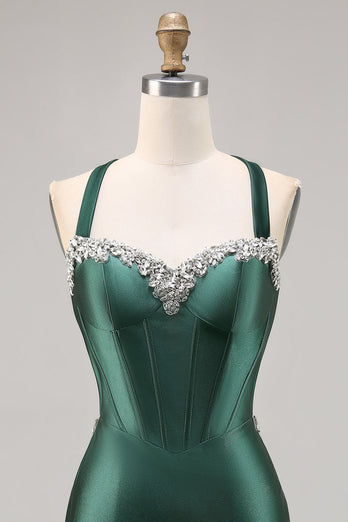Sparkly Dark Green Satin Corset Tight Short Homecoming Dress with Beading