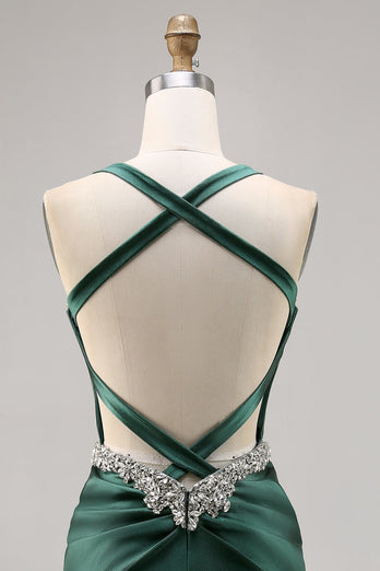 Sparkly Dark Green Satin Corset Tight Short Homecoming Dress with Beading