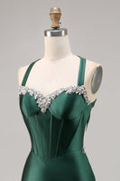 Load image into Gallery viewer, Sparkly Dark Green Satin Corset Tight Short Homecoming Dress with Beading
