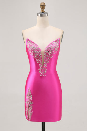 Sparkly Fuchsia Satin Strapless Tight Short Homecoming Dress with Rhinestones