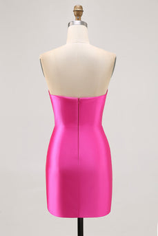 Sparkly Fuchsia Satin Strapless Tight Short Homecoming Dress with Rhinestones