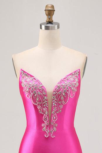 Sparkly Fuchsia Satin Strapless Tight Short Homecoming Dress with Rhinestones