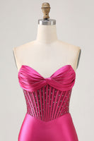 Load image into Gallery viewer, Sparkly Fuchsia Strapless Short Tight Corset Satin Homecoming Dress