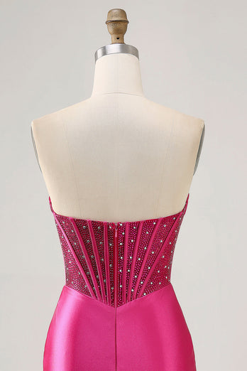 Sparkly Fuchsia Strapless Short Tight Corset Satin Homecoming Dress
