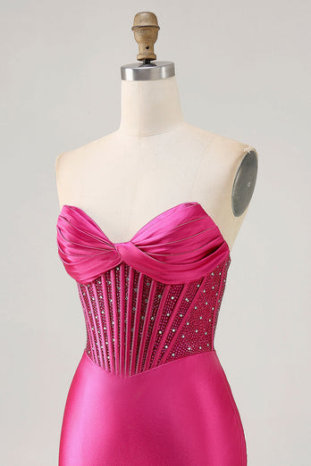 Sparkly Fuchsia Strapless Short Tight Corset Satin Homecoming Dress