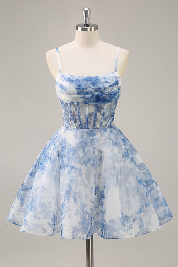 White and Blue Corset Floral Short Homecoming Dress with Ruched