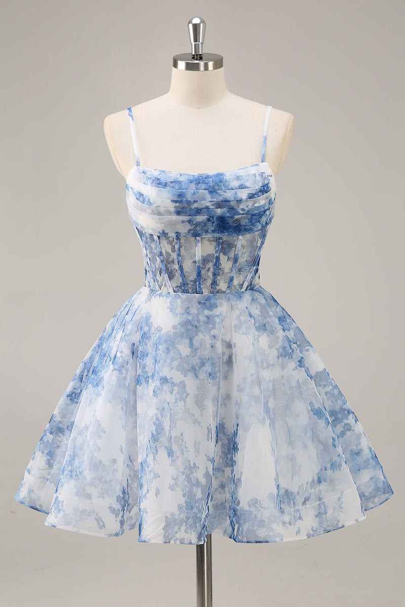 Load image into Gallery viewer, White and Blue Corset Floral Short Homecoming Dress with Ruched