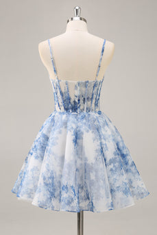 White and Blue Corset Floral Short Homecoming Dress with Ruched