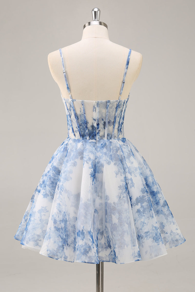 Load image into Gallery viewer, White and Blue Corset Floral Short Homecoming Dress with Ruched