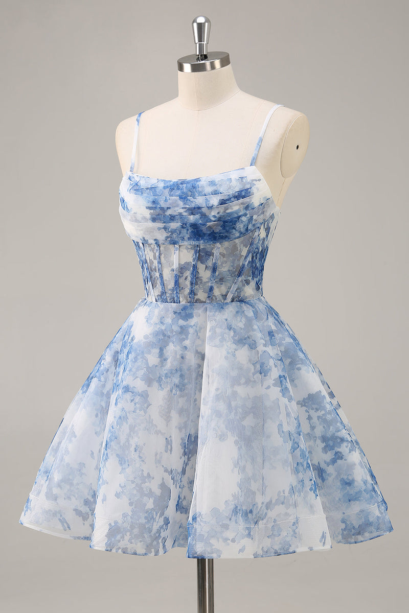 Load image into Gallery viewer, White and Blue Corset Floral Short Homecoming Dress with Ruched