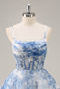 Load image into Gallery viewer, White and Blue Corset Floral Short Homecoming Dress with Ruched