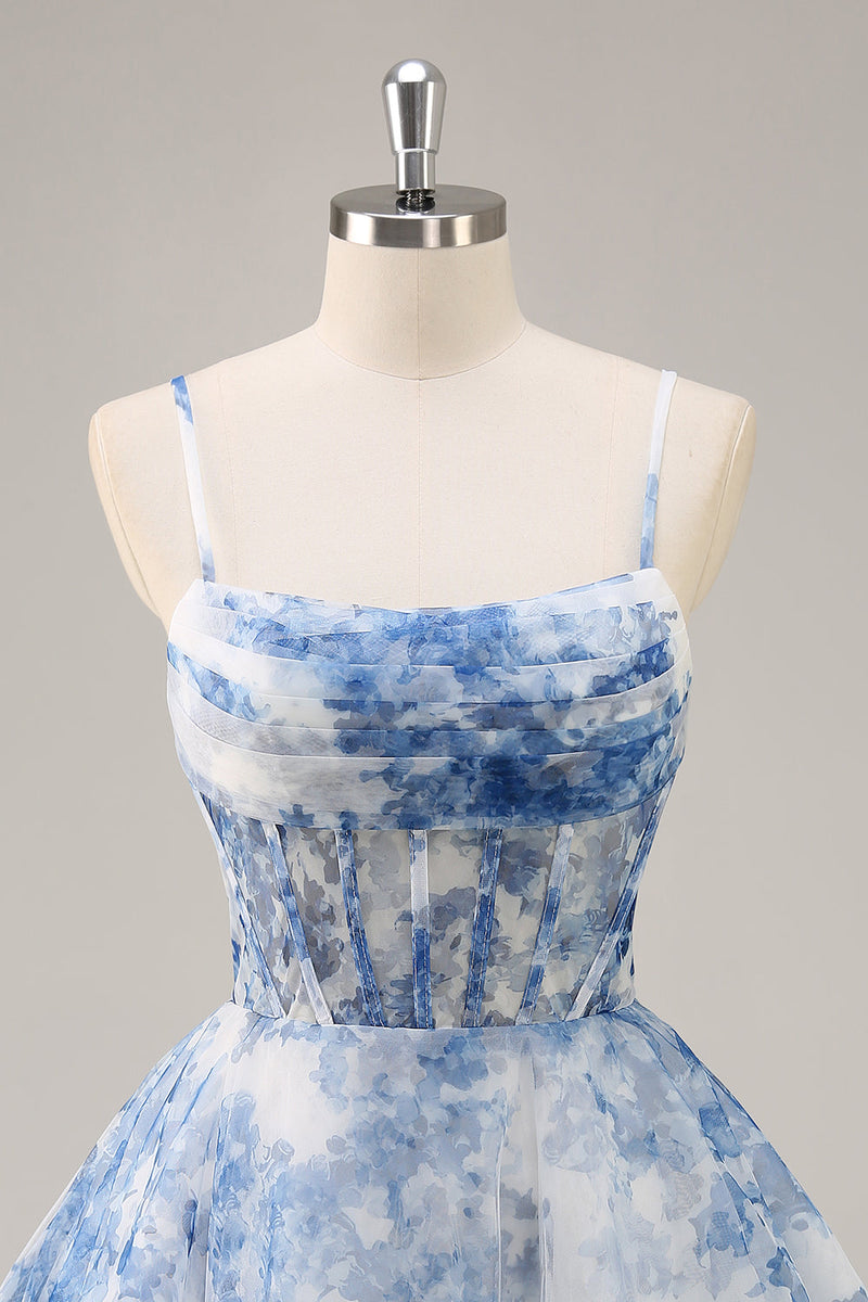 Load image into Gallery viewer, White and Blue Corset Floral Short Homecoming Dress with Ruched