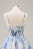 Load image into Gallery viewer, White and Blue Corset Floral Short Homecoming Dress with Ruched