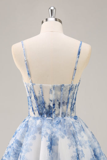 White and Blue Corset Floral Short Homecoming Dress with Ruched
