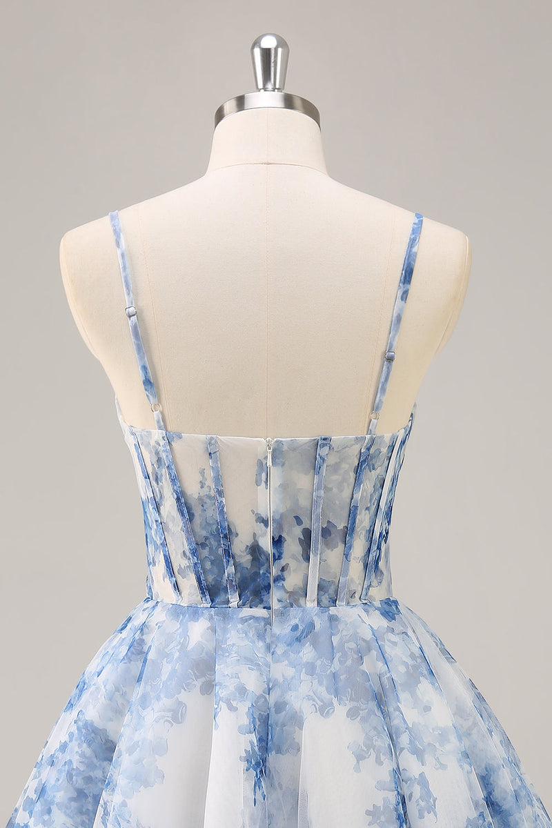 Load image into Gallery viewer, White and Blue Corset Floral Short Homecoming Dress with Ruched