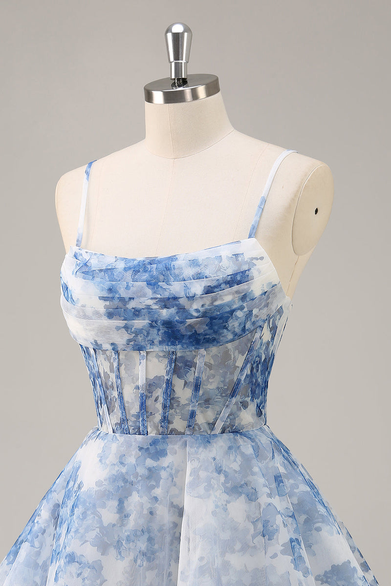Load image into Gallery viewer, White and Blue Corset Floral Short Homecoming Dress with Ruched