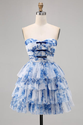 White and Blue Floral Sweetheart Short Ruffled Homecoming Dress with Bows