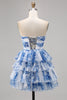 Load image into Gallery viewer, White and Blue Floral Sweetheart Short Ruffled Homecoming Dress with Bows