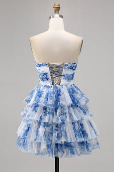 White and Blue Floral Sweetheart Short Ruffled Homecoming Dress with Bows