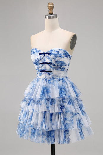 White and Blue Floral Sweetheart Short Ruffled Homecoming Dress with Bows