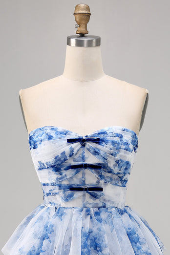 White and Blue Floral Sweetheart Short Ruffled Homecoming Dress with Bows