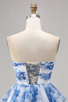Load image into Gallery viewer, White and Blue Floral Sweetheart Short Ruffled Homecoming Dress with Bows
