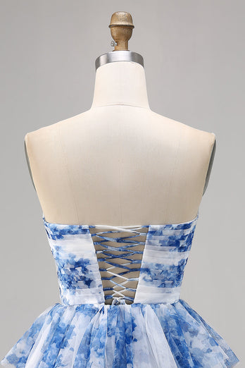 White and Blue Floral Sweetheart Short Ruffled Homecoming Dress with Bows