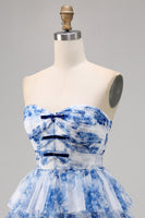 Load image into Gallery viewer, White and Blue Floral Sweetheart Short Ruffled Homecoming Dress with Bows