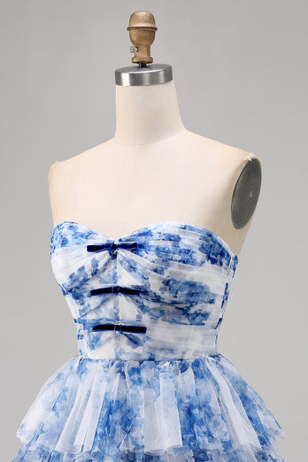 White and Blue Floral Sweetheart Short Ruffled Homecoming Dress with Bows
